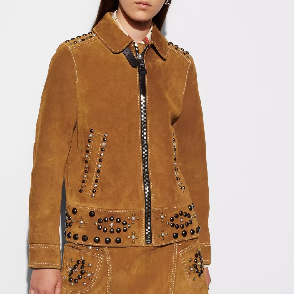 Coach Suede Beaded/Studded Jacket - Size 2 (Brown Suede)